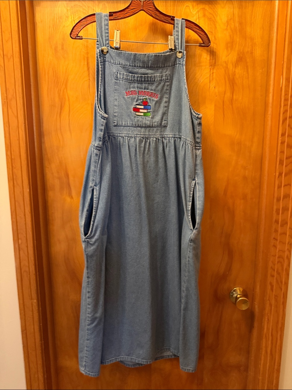 Light Blue Denim Overall Dress for women- Embroidered Pocket